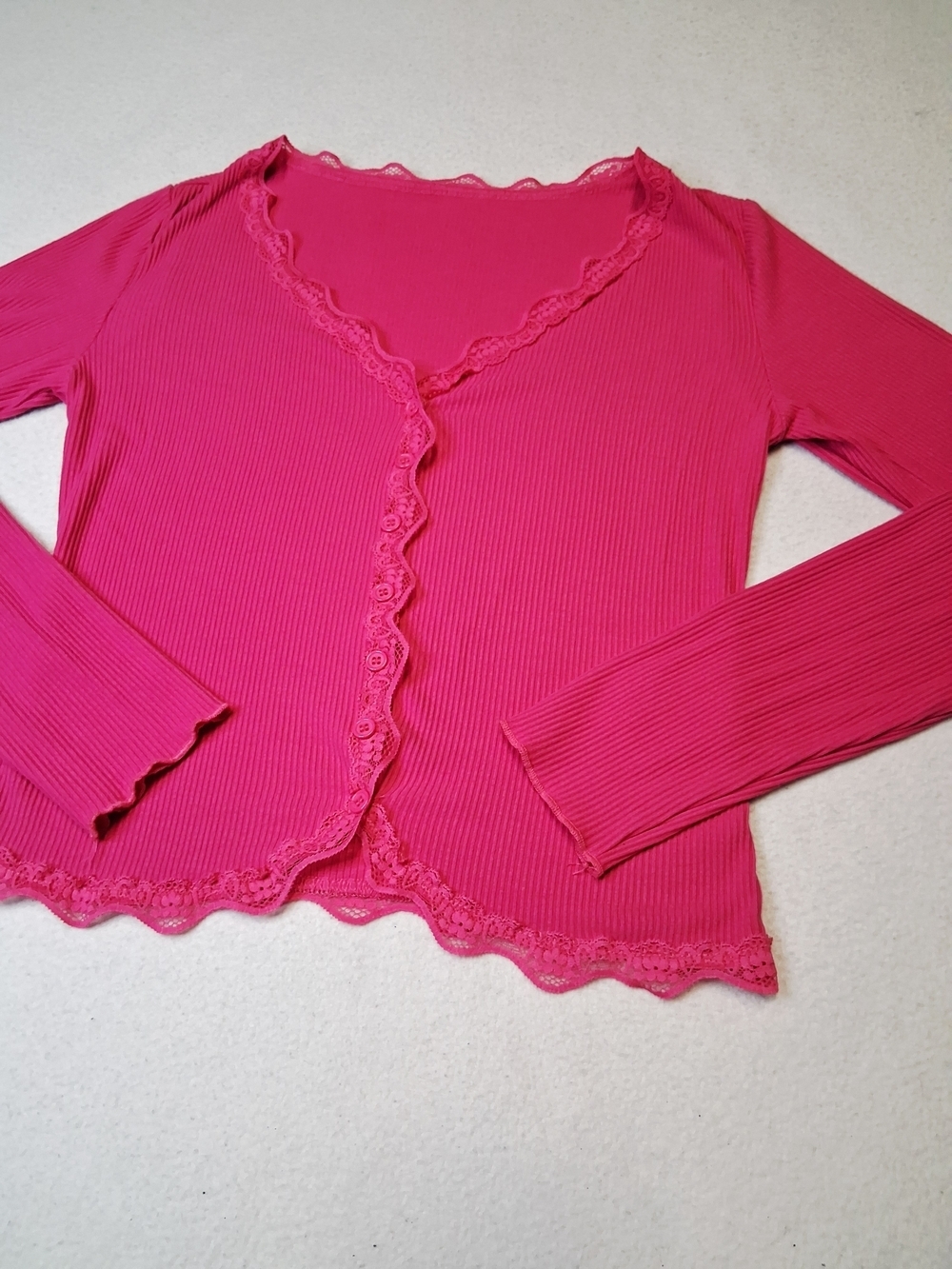 4/20$ Bright Pink Ribbed Lace-Trim Button Cardigan